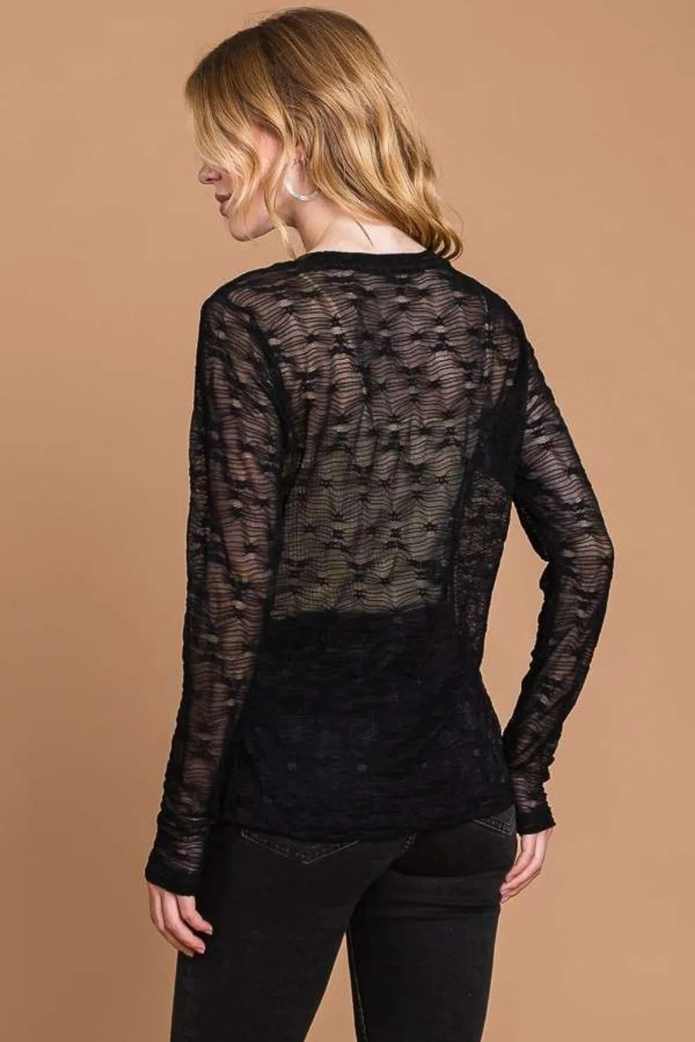 Trendy women mesh perspective top sheer full size design