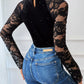 Modern women bodysuit lace mock neck fitted sheer look