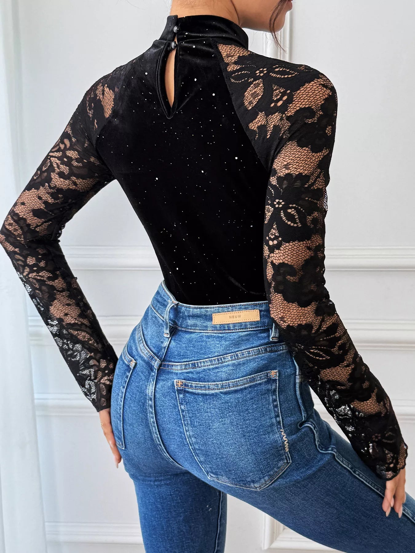 Modern women bodysuit lace mock neck fitted sheer look