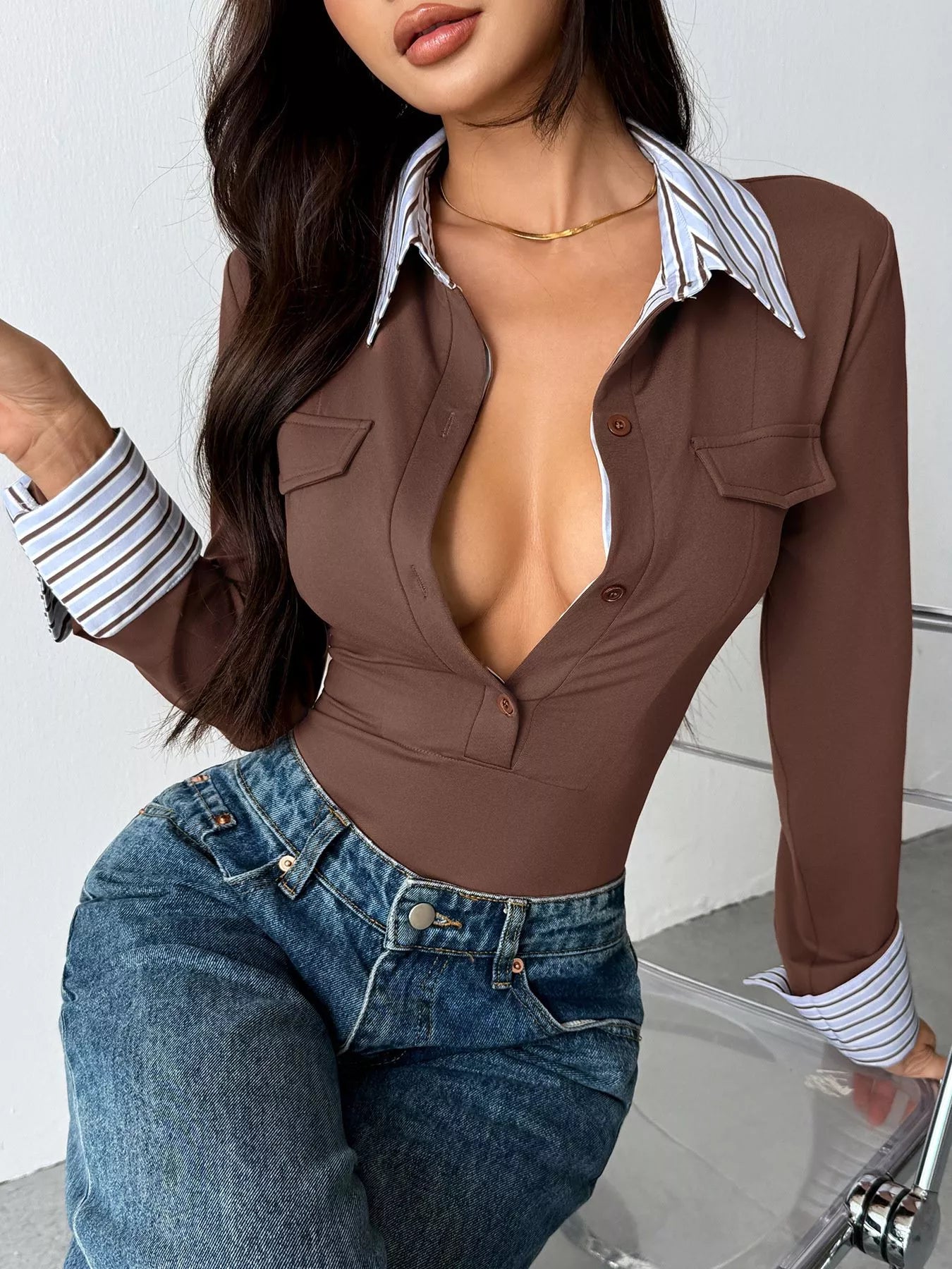 Slim fit women bodysuit long sleeve with front buttons