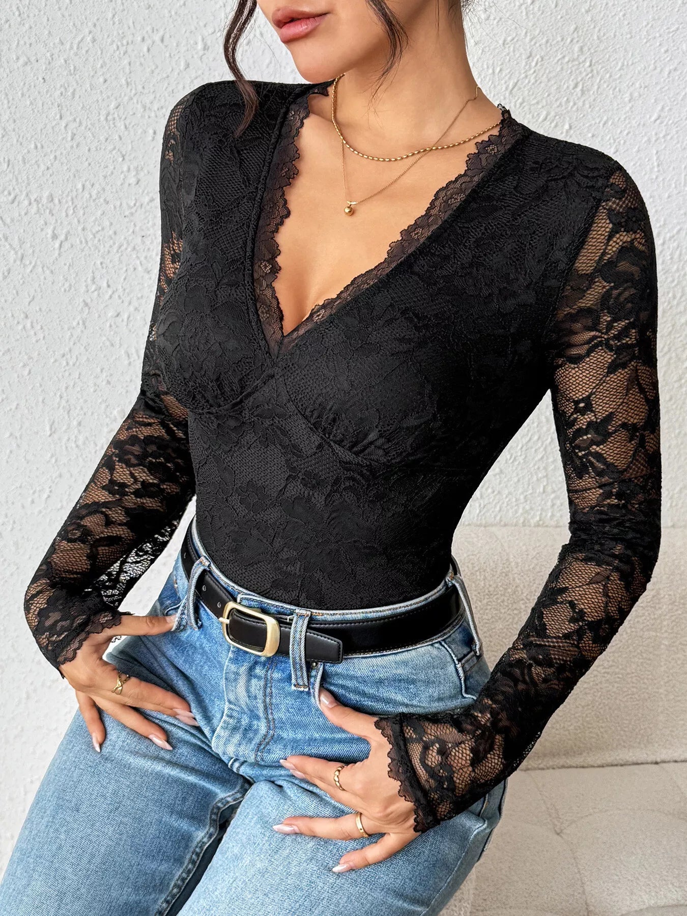 Sheer lace long sleeve bodysuit women slim elegant style