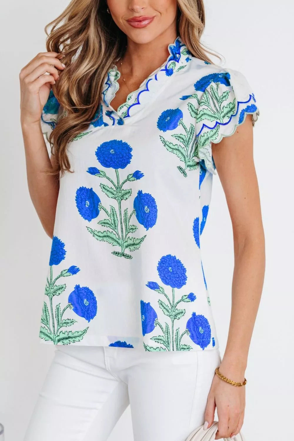 Stylish women blouse layered v neck scallop trim modern look