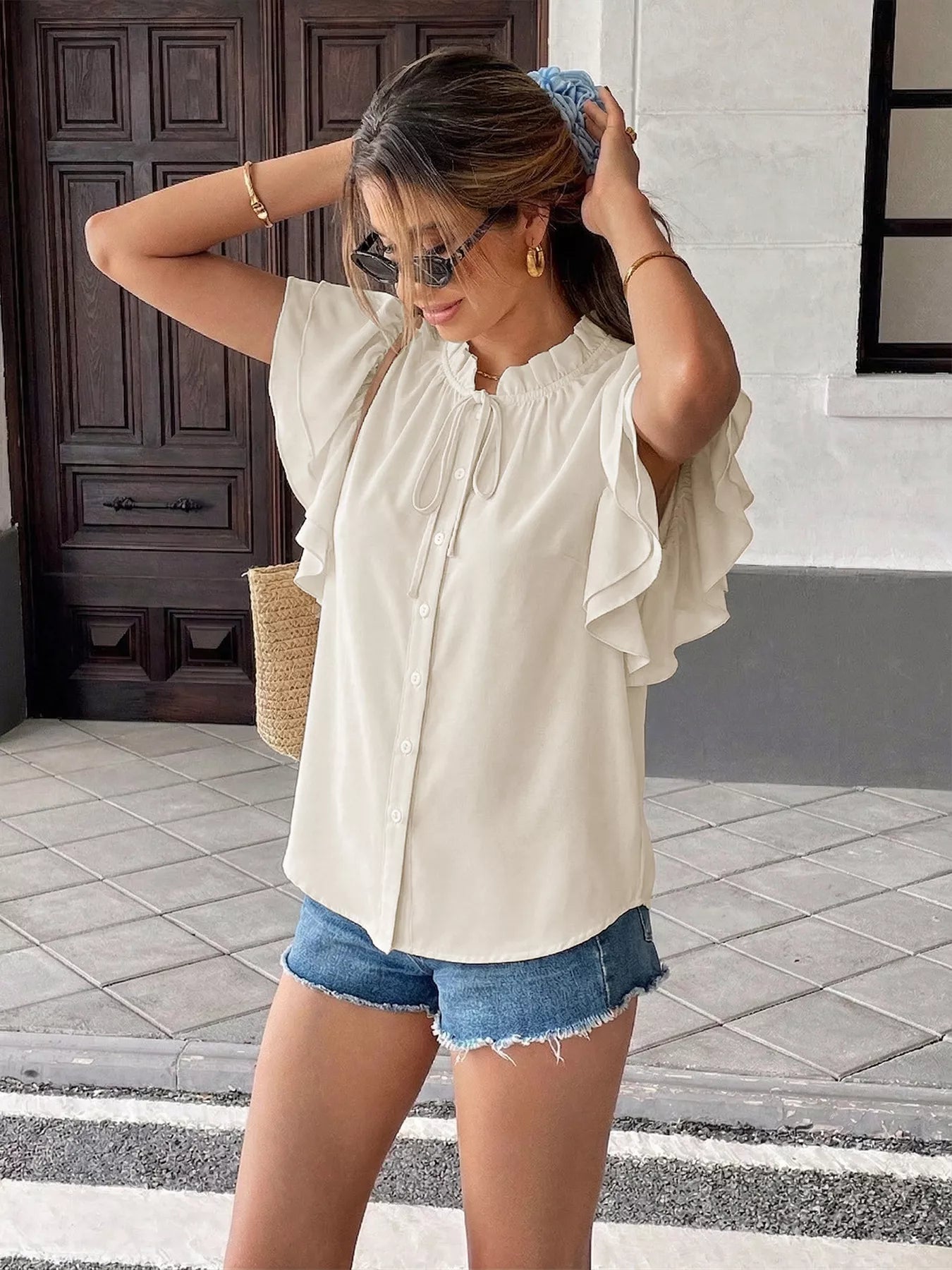 Trendy tie neck blouse women ruffle sleeve bow design