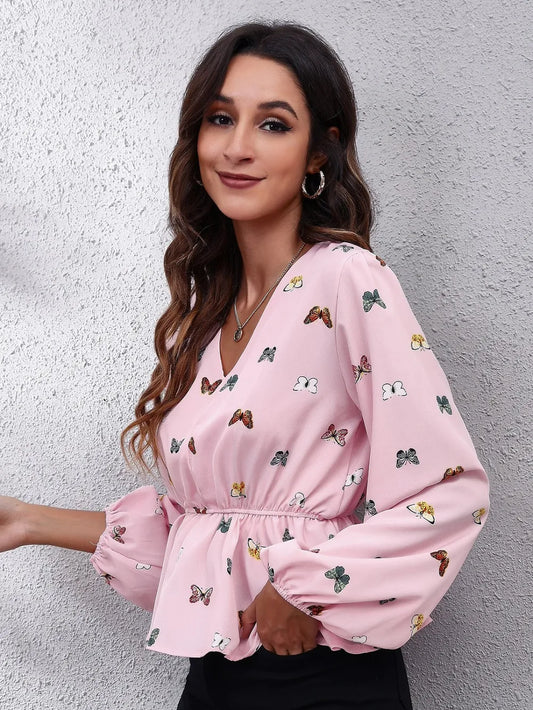 Trendy women blouse butterfly print balloon sleeve peplum fashion