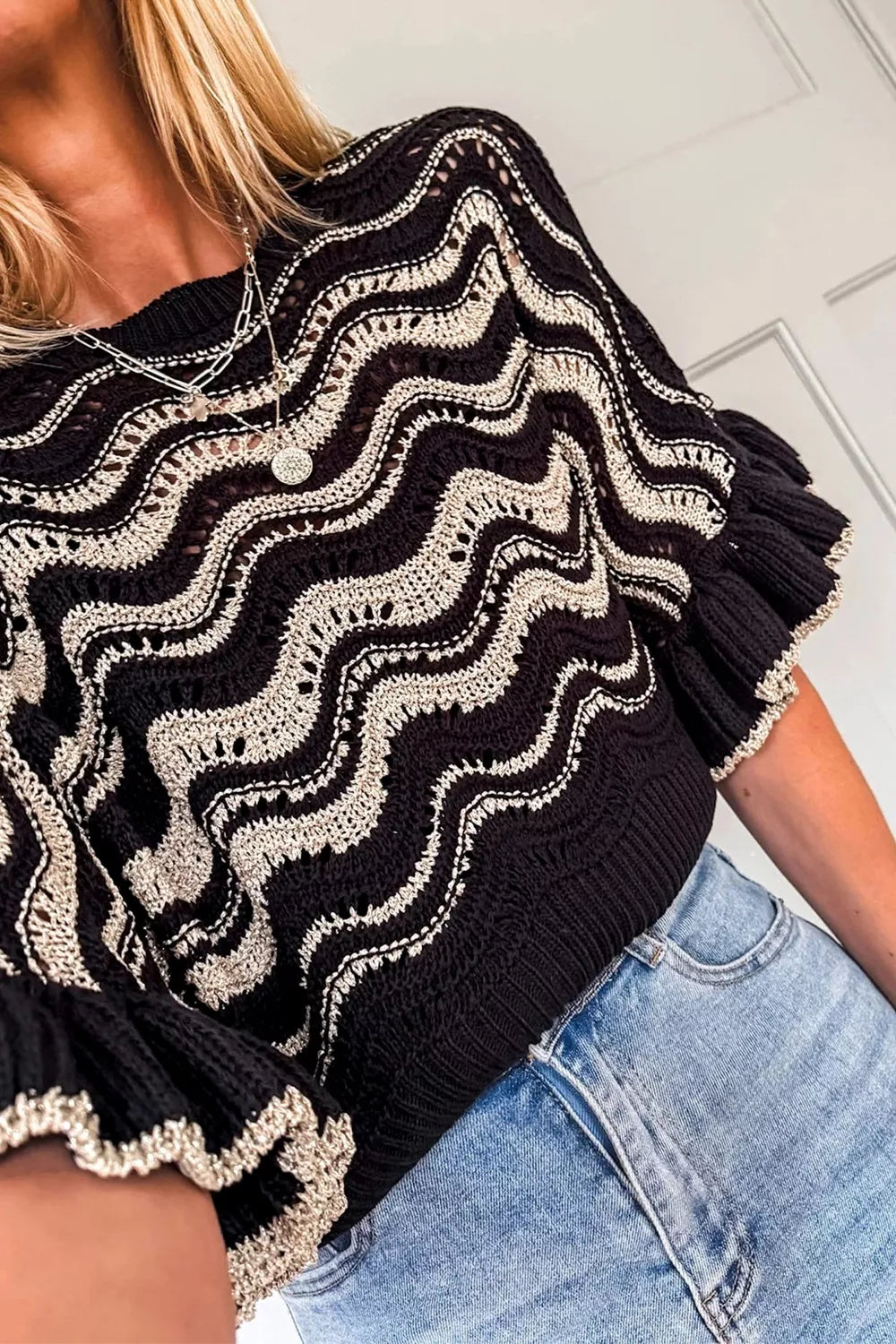 Casual women sweater openwork knit wave pattern ruffle sleeve 