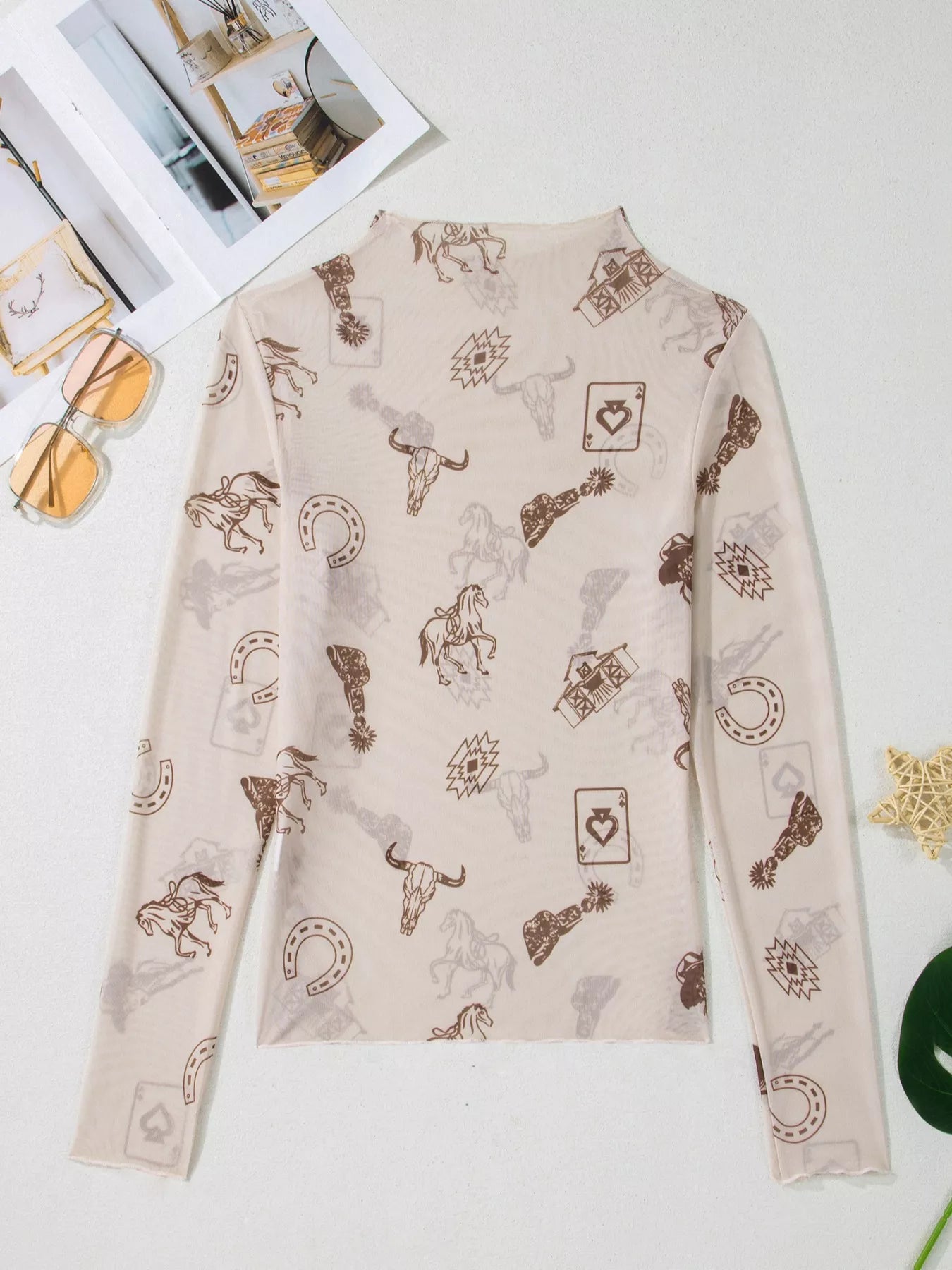 Casual women mesh top western print long sleeve mock neck