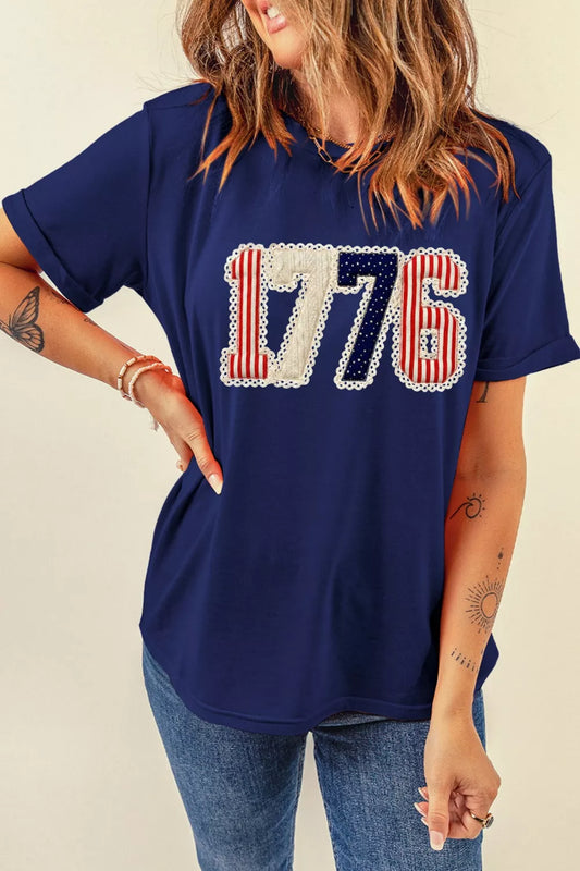 1776 print t shirt women round neckline patriotic design