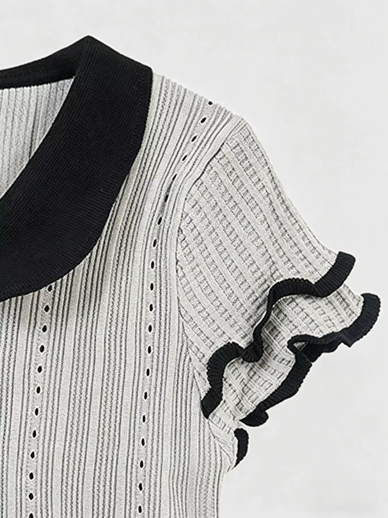 Lightweight eyelet frill t shirt women peter pan collar summer top